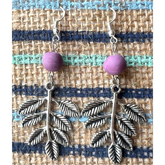 Artisan Silver Leaf Branch with Light Purple Bead Dangle Earrings 2.75" Drop - Picture 2 of 3